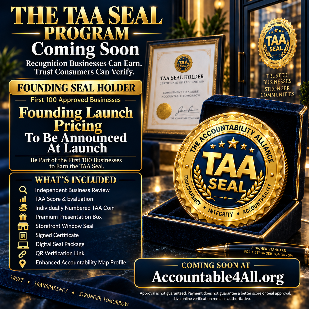 Preview of the TAA Seal Holder recognition package with coin, presentation box and certificate